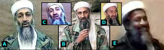 Picture of 5 Osama's with one on the right that does not look like the others
