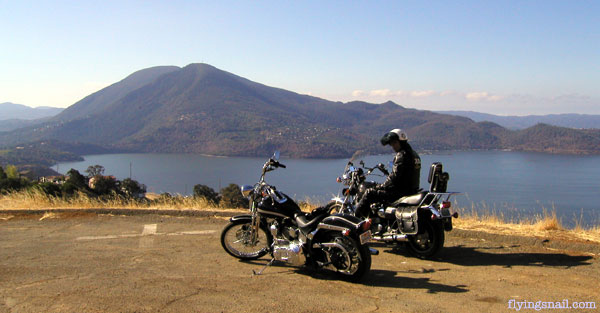 Mount Konocti, Lake County, CA in background, Mike Wilhelm on the XS Yamaha and Sprung's 2003 FXSTS