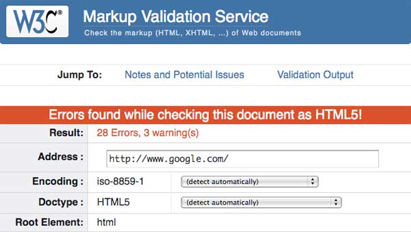 Google fails W3C Validation on Monday, August 13, 2012