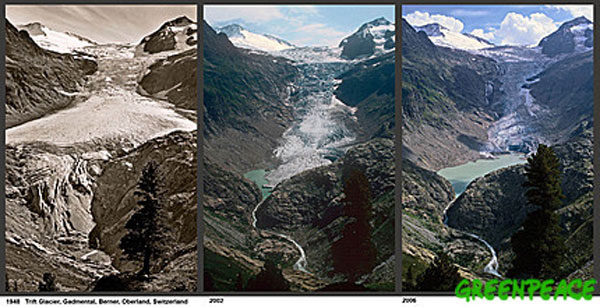 Composite image from Greenpeace of 3 pictures showing glacier retreat from 1948 to 2006.From left to right: 1948, 2002, 2006