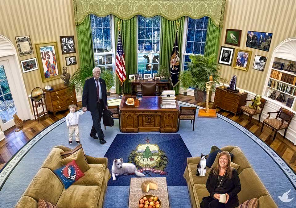 Picture of Bernnie Sanders and Family in the White House with the caption: NOBODY knows how it could have been without Debbie, Hillary, and the DNC cheaters.