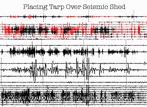 Placing Tarp Over Seismic Shed