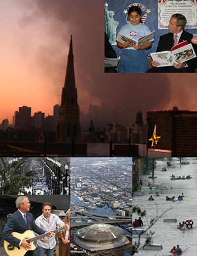 Bush reading a children's book during 9/11 and playing guitar during Katrina