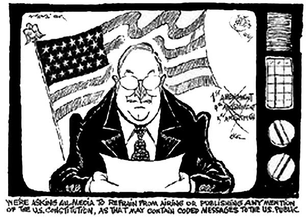 Cartoon of someone looking like Dick Cheney eliminating ammendments from the Constitution