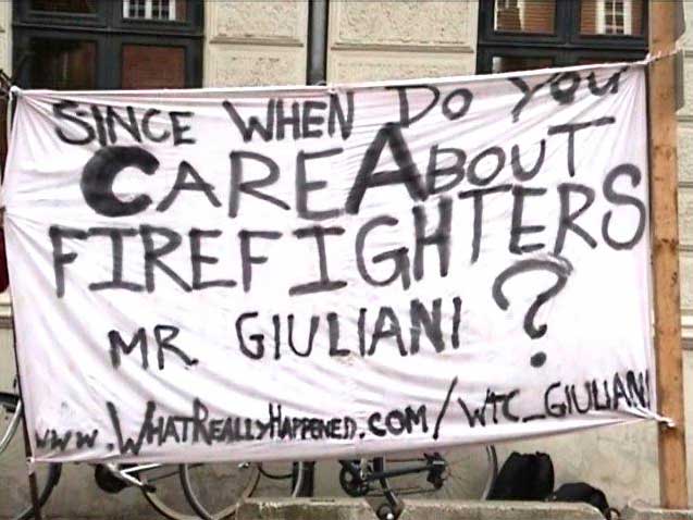 Denmark Protest sign against Giuliani