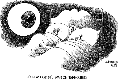 John Ashcroft's War on Terrorists ~ A large eye is watching a couple in bed, who are trying to sleep.