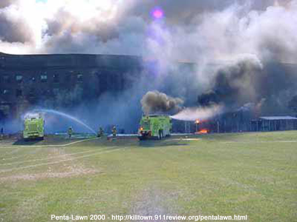 Pentagon lawn absolutely shows no debris from a plane crash = The day 