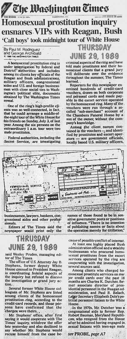 Snapshot of Washington Times article: Homosexual prostitution inquiry ensnares VIPs with Reagan, Bush - 'Call boys' took midnight tour of White House by Paul M. Rodriguez and George Archibald - June 29, 1989