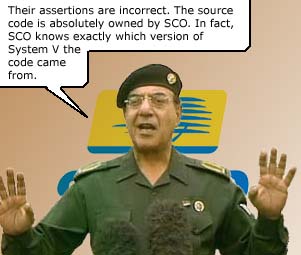Abstract Picture of Minister of Information, Iraq saying, "Their assertions are incorrect. The source code is absolutely owned by SCO. In fact, SCO knows exactly which version of System V the code came from.