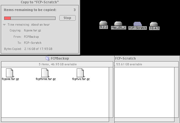 Screen Shot of 9.2.2 and transfering files from Mac Mini disk to FCP-Scratch disk