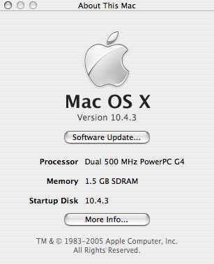 About this Mac showing 10.4.3 running on 2x500 G4