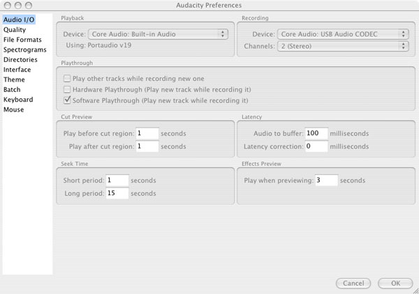 Audacity Audio I/O Preferences