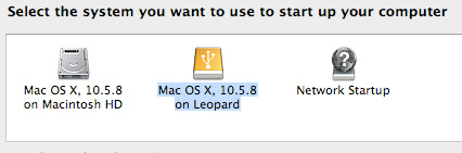 MacBook Pro Startup menu showing USB boot drive