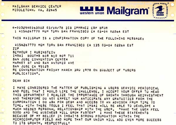 Copy of telegram to Seymore Rubinstein