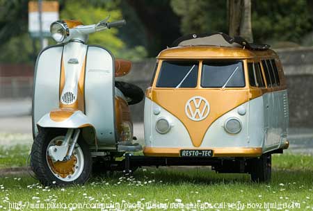 Vespa with a small VW bus as a sidecar
