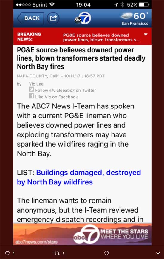 ABC-TV on PG&E starting Deadly North Bay fires; including the Wine Country Fire