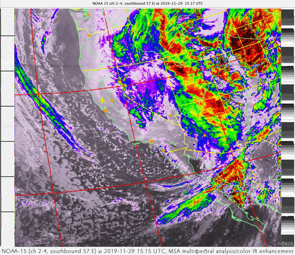 NOAA-15 (ch 2-4, southbound 57 E) at 2019-11-29 15:15 UTC, MSA multispectral analysis w/color IR enhancement