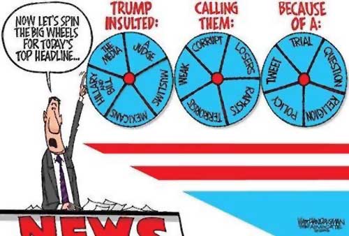 Walt Handelsman cartoon on spinning the big wheels for today's top headline