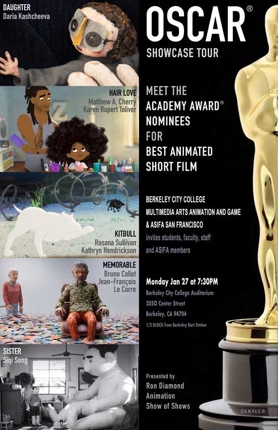 ASIFA-SF AND THE ANIMATION SOCIETY AT SAN FRANCISCO STATE UNIVERSITY INVITES YOU TO ENJOY   THE 5 FILMS NOMINATED FOR THE BEST ANIMATED SHORT OSCAR flyer