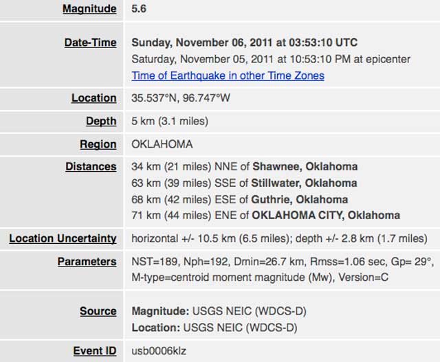Magnitude 5.6 - OKLAHOMA - 2011 November 06 03:53:10 UTC