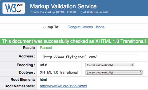 flyingsnail.com PASSES W3C Validation on Monday, August 13, 2012
