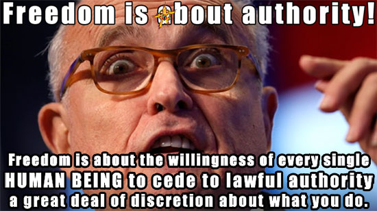 Freedom is about authority!  Freedom is about the willingness of every single HUMAN BEING to cede to lawful authority a great deal of discreation about what you do. ~ Rudy Giuli