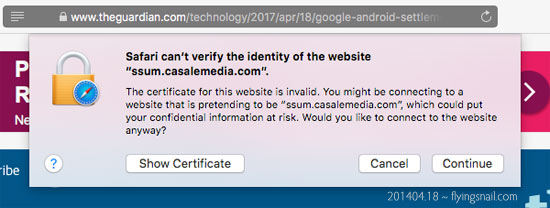On moving the mouse, the above popup appeared, which said:  Safari can’t verify the identity of the website “ssum.casalemedia.com".  The certificate for this website is invalid. You might be connecting to a website that is pretending to be “URL”, which could put your confidential information at risk. Would you like to connect to the website anyway?”