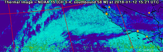 Thermal Image ~ NOAA 15 (CH 3-4, southbound 58 W) at 2018-01-12 15:21 UTC