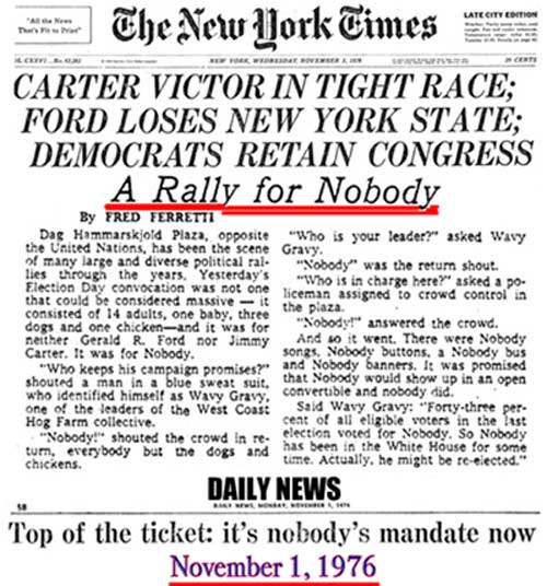 New York Times, Nobody for President, Dag Hammarskjold Plaza, opposite United Nations, New York City, NY, November 01, 1976