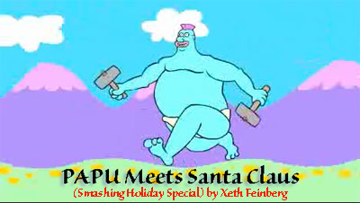 PAPU Meets Santa Claus a cartoon by Xeth Feinberg