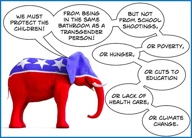 We must protect the children! From being in the same bathroom as a transgender person! But not from school shootings, or poverty, or hunger, or cuts to education or lack of health care, or climate change.