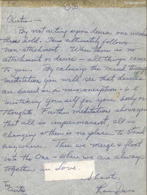 Hand written letter from Ram Dass